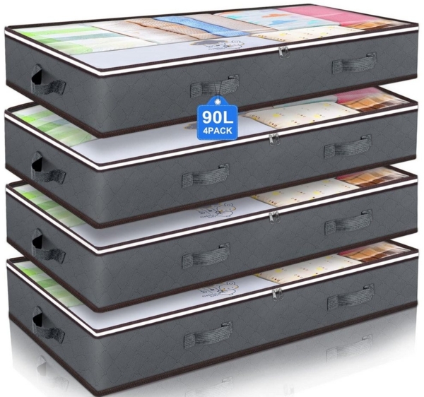 SURFOU Unterbettkommode Unterbett Aufbewahrungsbox Aufbewahrungstasche Unterbett Aufbewahrung (4er Set 90L Große Kapazität, Faltbare Aufbewahrungsbox mit transparent Deckel, Mit 4 Tragegriffen, Doppelreißverschluss, 4 St, für Kleidung, Kissen, Bettdeck...
