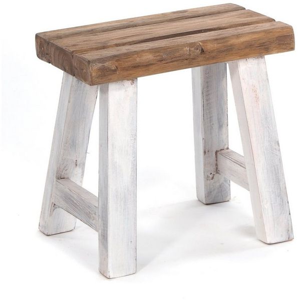 DESIGN DELIGHTS Vinatge SITZHOCKER Rustic | 41 x 42 x 24 cm (HxBxT), Hocker aus massivem Teak Holz, rustikal natürlicher Holzhocker, BEistellhocker, Küchenhocker | Farbe: 05 weiß-Natur