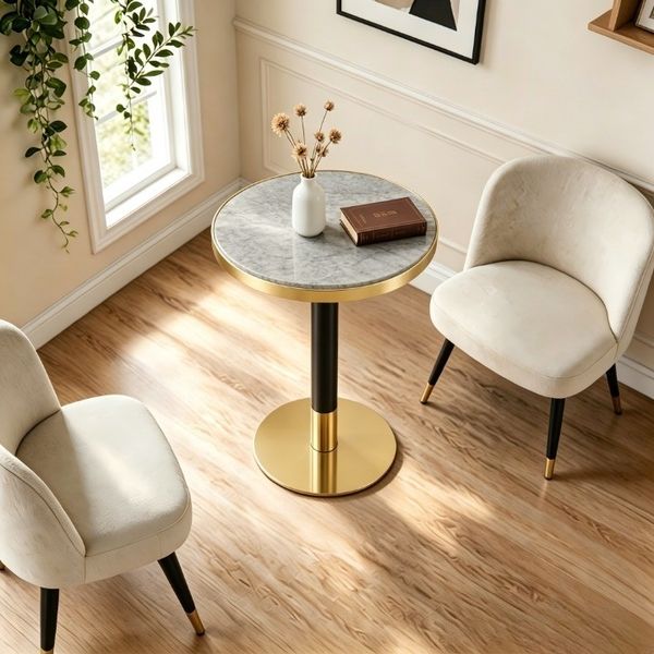 Moderner Runder Beistelltisch, Marmor-Optik Tischplatte mit Goldenem Rand, Stabiles Metallgestell in Schwarz/Gold, Ideal als Couchtisch, Nachttisch oder Balkontisch, Grau