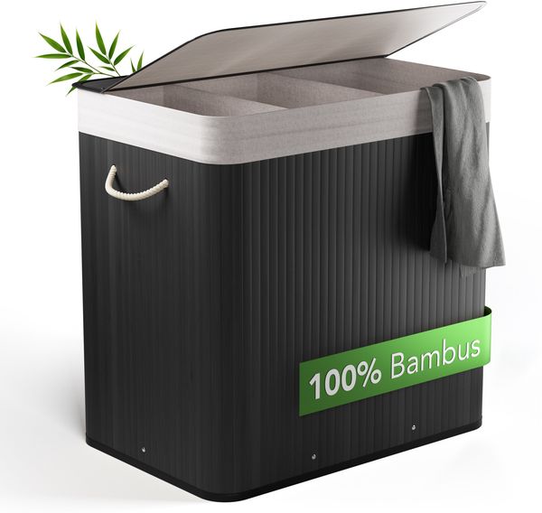 Bambus Wäschekorb 3 Fächer, 150L Wäschesammler mit Deckel & herausnehmbarem Sack