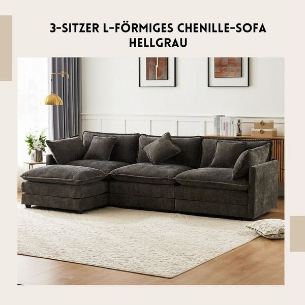 SeedWave Sofa 3-Sitzer L-förmiges Chenille-Sofa mit Doppelschicht-Polstern, abnehmbarem Fußhocker, 2 Lenden- & 2 Armlehnenkissen, robustem Rahmen