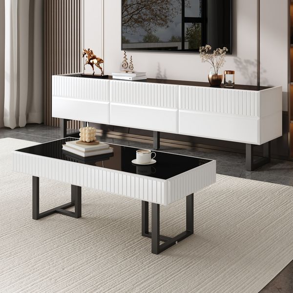 TV-Schrank- und Couchtisch-Set 170x35x47 cm + 110x50,5x41 cm, Schwarz-Weiß, Hochglanz