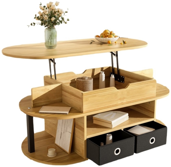 MODFU Couchtisch Eleganter Couchtisch mit Hebefunktion und Stauraum (Satztisch, Wohnzimmertisch Beistelltisch, 1-St, verstellbarer Tischhöhe), edles Design mit Holzmaserung und schwarzen Akzenten