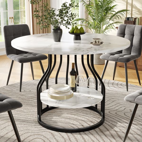 Runder Esstisch (80×80×76cm), Küchen-Esstisch, runder Couchtisch für 4 Personen, kleine runde Platte in der Mitte zur Aufbewahrung, geeignet für Esszimmer, Wohnzimmer, MDF-Marmor-Tischplatte, schwarz
