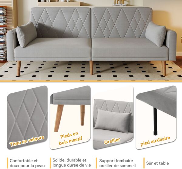 Schlafsofa, Zweisitzer aus Samtstoff mit Schlaffunktion, geeignet für Wohnzimmer, Schlafzimmer, Heimkino & Gästezimmer, Samt, Blau Bild 8