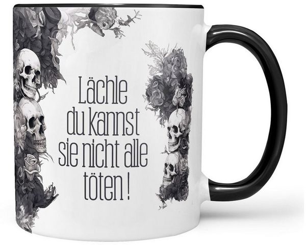 Sunnywall Tasse Lächle, du kannst sie nicht alle töten - Spruch Tasse Totenkopf, Keramik, inkl. Geschenkkarte
