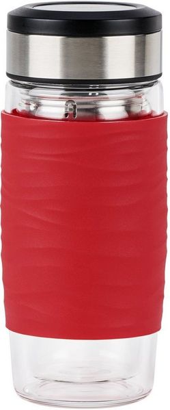 Emsa Teebecher Tea Mug, Teeglas mit Sieb, doppelwandiges Glas, Silikonmanschette, Rot, 400 ml , N2080400