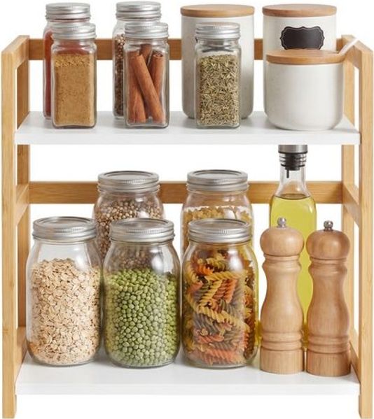 SONGMICS Gewürzregal mit 2 Ebenen, Küchenregal, für Arbeitsplatte, Küche, beige-weiß