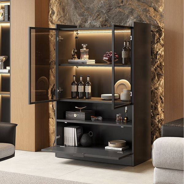 BlingBin Vitrine LED Standvitrine Vitrinenschrank, Hochschrank, Wohnzimmerschrank (Bücherschrank mit 16-farbige LED-Beleuchtung, 2 Glastüren, 1 Klapptür und 1 Offene Fächer, 1-St, 80*35*120 cm, Produkttragfähigkeit: Regal 20kg, Boden 80kg) Spanplatte D...