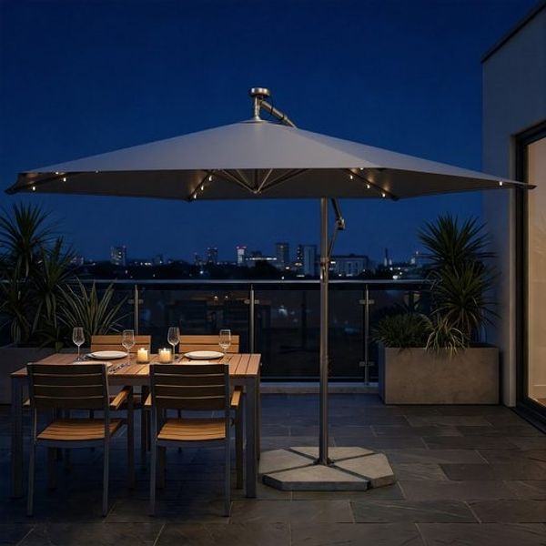 SONGMICS Ampelschirm 350 cm, mit Beleuchtung, UV-Schutz UPF 50+, Sonnenschirm mit Ständer, für Garten Terrasse, Kurbel, grau