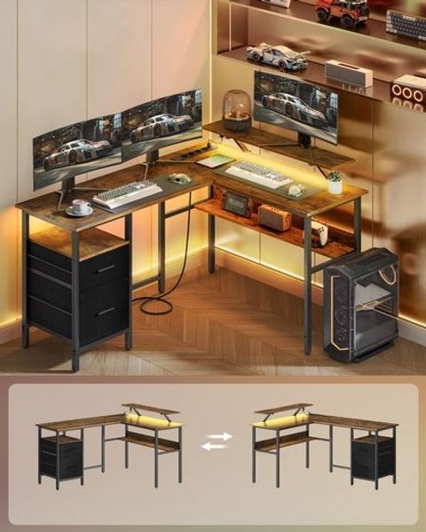Vasagle L-förmiger Schreibtisch mit Steckdosen, Eckschreibtisch, Computertisch, Monitorständer, Gaming-Tisch, LED-Beleuchtung, USB-Anschlüsse, einfache Montage, Homeoffice, vintagebraun von Songmics