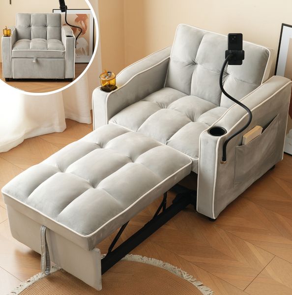 Schlafsofa 83x167x76 cm Antique Grey White, 3-in-1 ausziehbar mit Getränkehaltern & Handyhalter