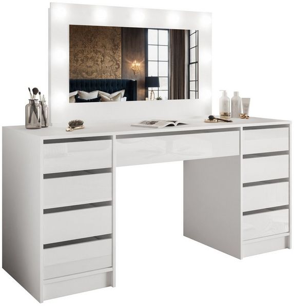 Lookway Schminktisch MADA DOUBLE mit 9 Schubladen und Spiegel mit LED (Schreibtisch mit Spiegel und LED-Beleuchtung), Breite: 152 cm