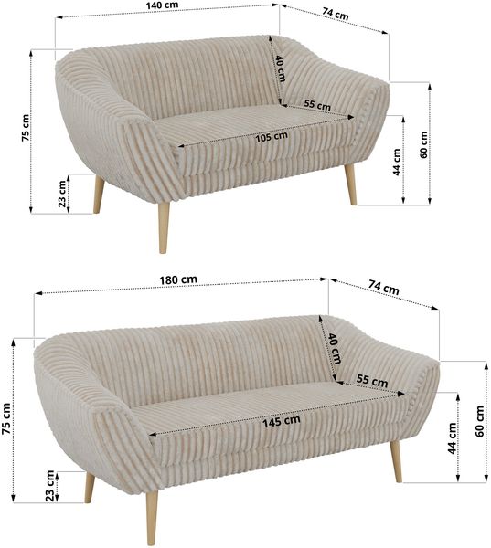 Skandinavisches Sofa Set PIRS 3-2, Komplettset, Wellenfederung, Buche Füße, Sitzgruppe, Polstermöbel Set - Beige Cord Bild 5