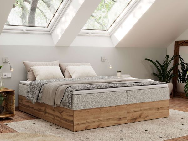 Polsterbett mit Bettkasten, Boxspringbett ohne Kopfteil WOOD ZERO, 7-Zonen Multipocket-Matratze und Topper, modernes Bett für Schlafzimmer - Hellgrau Strukture - 160 x 200 cm - H3
