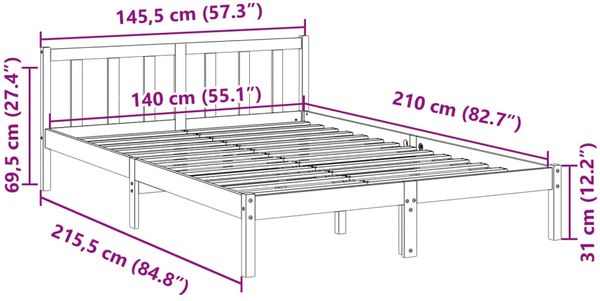 vidaXL Massivholzbett Extra Lang ohne Matratze Weiß 140x210 Kieferholz 852435 Bild 9