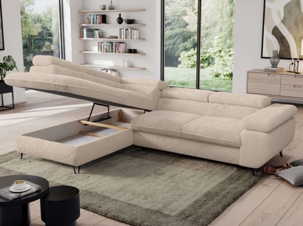 Ecksofa, L-form mit Schlaffunktion, verstellbaren Kopfstützen, Bettkasten - PEDRO - Creme Plüsch - links Bild 4