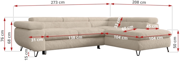 Ecksofa, L-form mit Schlaffunktion, verstellbaren Kopfstützen, Bettkasten - PEDRO - Creme Plüsch - links Bild 7