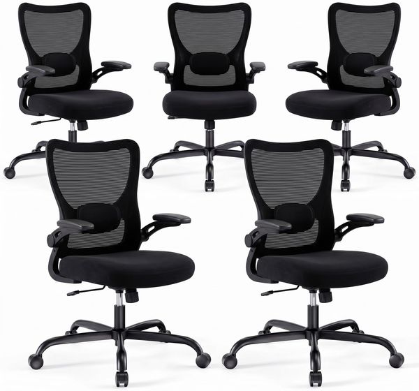 Marsail Bürostuhl Ergonomisch, Schreibtischstuhl mit 3D PU Armlehnen und Verstellbarer Lendenwirbelstütze, Drehstuhl Höhenverstellung und Wippfunktion, schreibtischstuhl aus Mesh, Bis 136kg,5pcs