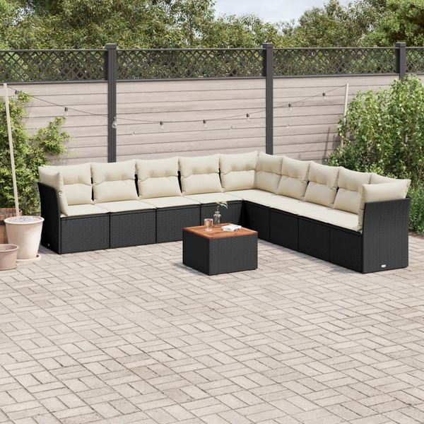 vidaXL 10-tlg. Garten-Sofagarnitur mit Kissen Schwarz Poly Rattan 3256021
