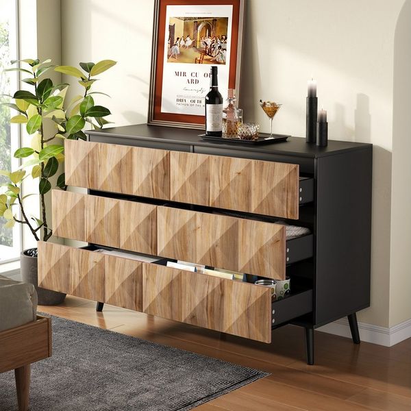 Merax Sideboard mit 6 Schublade, Anrichte in Schwarz & Holzoptik (1 St, 120 L x 40 B x 85 H (cm), Kommode mit erhöhten Fronten,verdeckten Griffen & stabilem Eisenrahmen