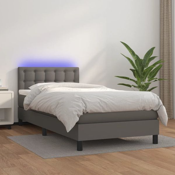 vidaXL Boxspringbett mit Matratze & LED Grau 90x200 cm Kunstleder 3134205