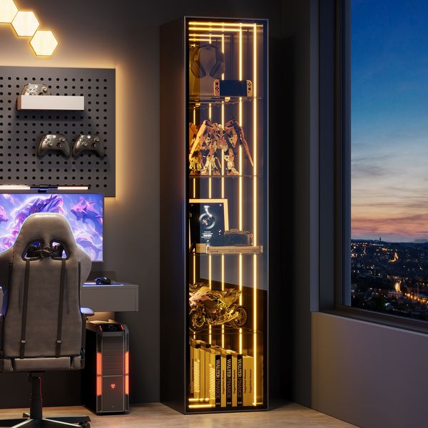 Flieks LED Vitrinenschrank 30×30×160 cm, Glasvitrine schwarz, Vitrine mit Aluminiumrahmentür, verstellbare Einlegeböden, gehärtetes Glas