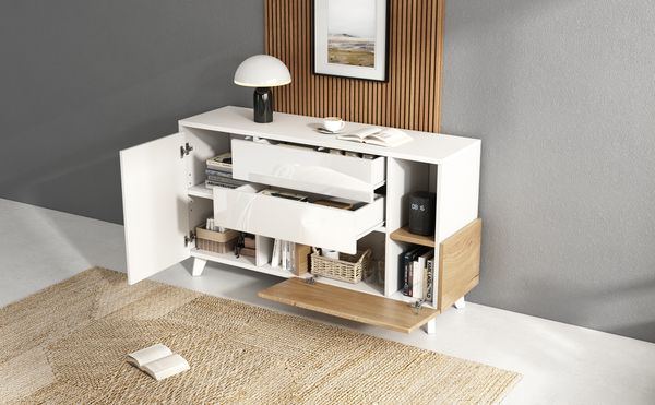 Sideboard 130x40x70 cm, Weiß hochglänzend mit Hell-Eiche Akzenten, 2 Schubladen & Türen, skandinavischer Minimalismus,Weiß und Licht Eiche
