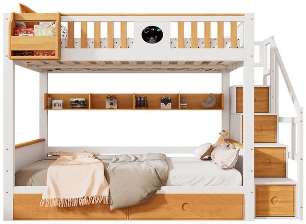 Odikalo Kinderbett Etagenbett Hochbett Treppe Stauraum Rahmen Weiß+Natur 90x200cm