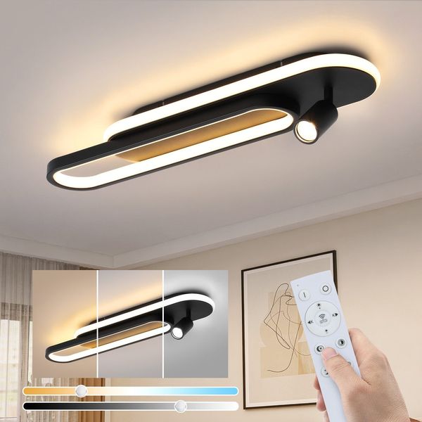 Deckenlampe Wohnzimmer ZMH LED Deckenleuchte: 46W Schwarz Küchenlampe Dimmbar mit 1 Deckenstrahler & Fernbedienung Modern Design 3000K - 6500K Schlafzimmerlampe für Haus Wohnung Galerie (Schwarz)