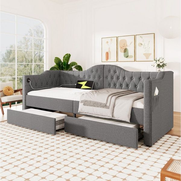 Flieks Daybett, Polsterbett Tagesbett 90x190cm mit Ladefunktion und Schubladen Leinen