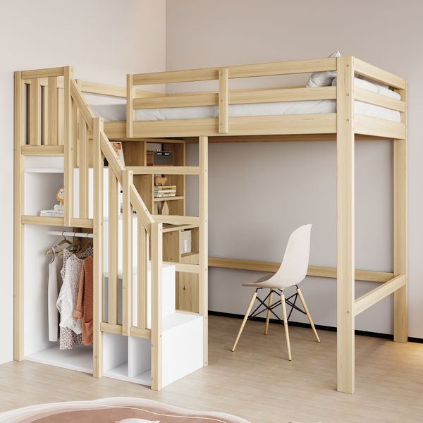 Hochbett mit Schreibtisch Naturholz, 90x200 cm, ohne Matratze, mit Stauraumleiter