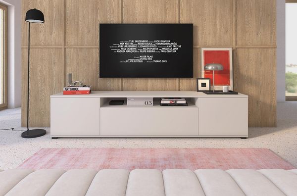 TV-Schrank Masimo 200 cm, TV Lowboard mit vier Regalen, auf niedrigen Füßen, Schrank fürs Wohnzimmer, Push-to-Open - Kaschmir, 42 x 40 x 200 cm