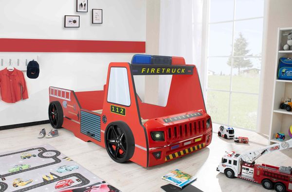 Autobett Kinderbett 90x200 Feuerwehrbett "Rio Firetruck" Hochglanz mit LED Leuchte Rot