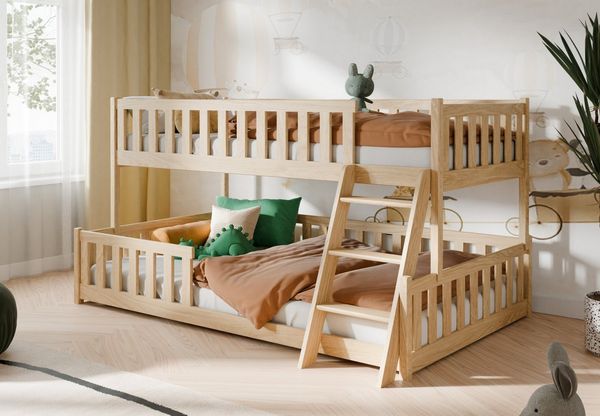 Kids Collective Etagenbett Hochbett Kinderbett 90x200/120x200 cm Rausfallschutz & Lattenrost, Mit Leiter, massives Kiefernholz, Natur