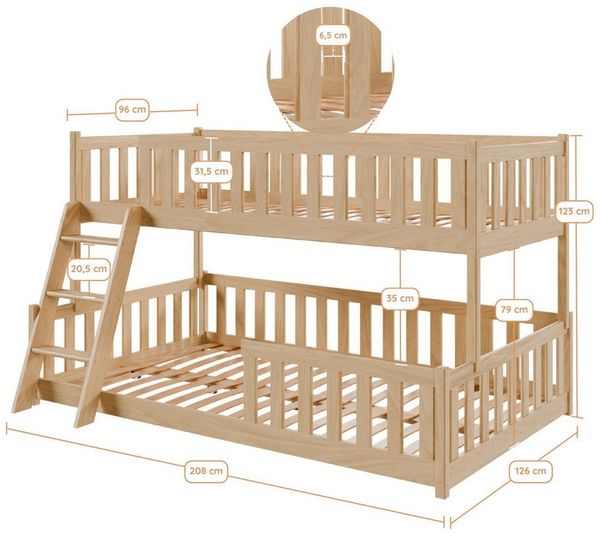 Kids Collective Etagenbett Hochbett Kinderbett 90x200/120x200 cm Rausfallschutz & Lattenrost, Mit Leiter, massives Kiefernholz, Natur Bild 3