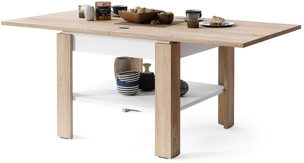 Mazzoni Couchtisch Design Tisch Leo Sonoma Eiche - Weiß matt aufklappbar 65 - 130cm