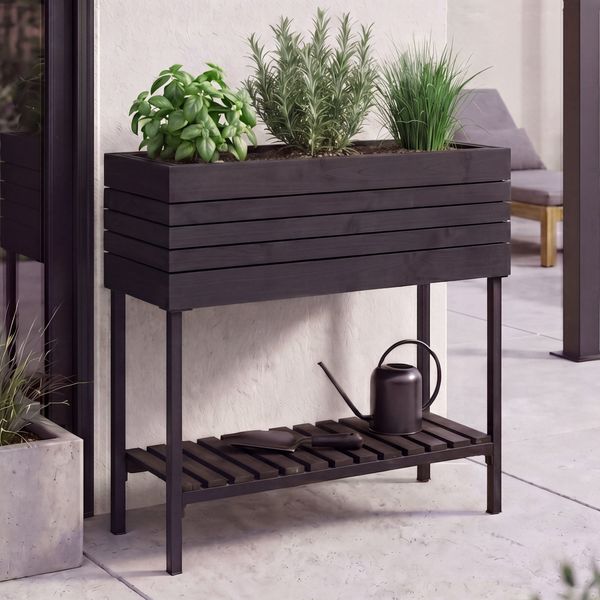 Hochbeet HWC-P84, Pflanzbeet Blumen-/Pflanzkasten Pflanzkübel, Ablage Outdoor Akazie Holz FSC® 79 x 80 x 31 cm ~ schwarz