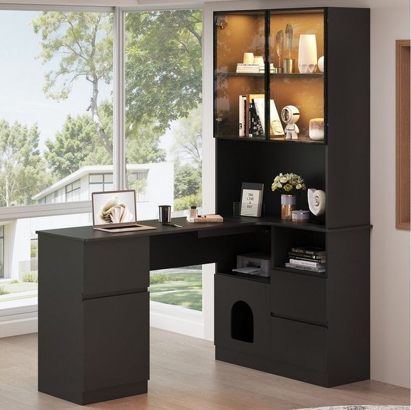 MODFU Hochschrank Eckschreibtisch mit LED-Vitrine (Ecktisch, Highboard, 1-St, 3 Schubladen, 4 Türen, offenen Fächern, Haustierfach) mit Kabeldurchlass, eingebautem Bücherregal