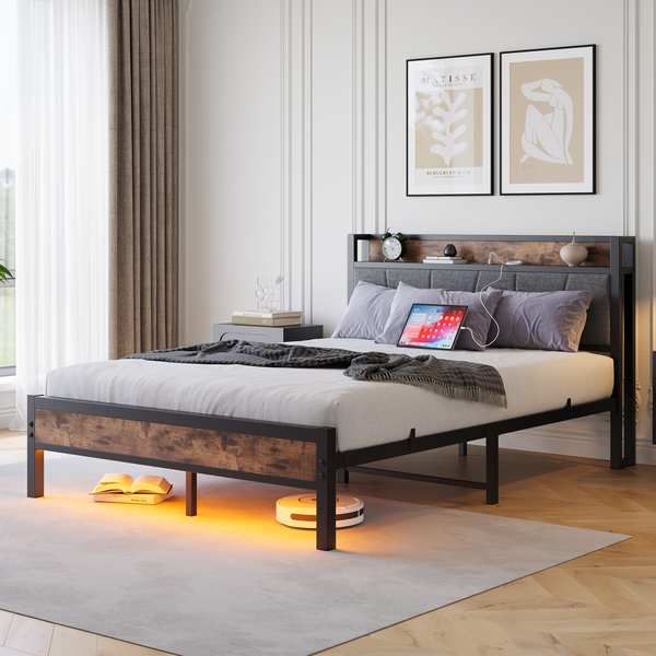 Flieks Doppelbett 140 x 200cm, Metallbett mit LED-Lichtern, USB-Ladestation & gepolsterter Kopfteil, Braun