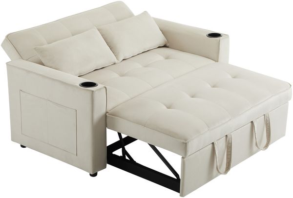 Schlafsofa 137/163x76,5x83/59 cm, Samt, 3‑Stufen Rückenlehne (105°/140°/180°), Beige, mit Getränkehaltern und 2 Kissen Bild 6