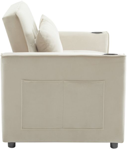 Schlafsofa 137/163x76,5x83/59 cm, Samt, 3‑Stufen Rückenlehne (105°/140°/180°), Beige, mit Getränkehaltern und 2 Kissen Bild 7