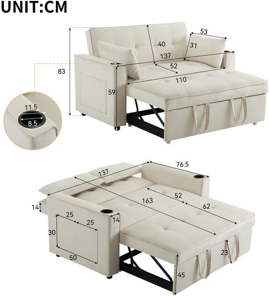 Schlafsofa 137/163x76,5x83/59 cm, Samt, 3‑Stufen Rückenlehne (105°/140°/180°), Beige, mit Getränkehaltern und 2 Kissen Bild 4