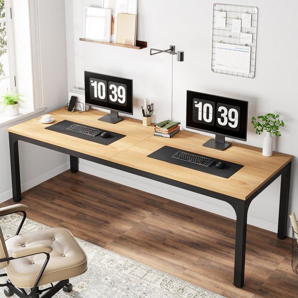 Tribesigns Computertisch 200x70x75cm, doppelter PC-Bürotisch, Braun/Weiß
