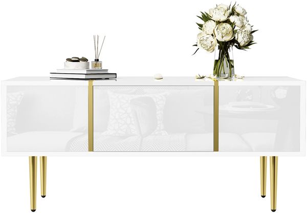 Weißer Couchtisch mit Hochglanz, modern und schlicht, mit 2 Schubladen