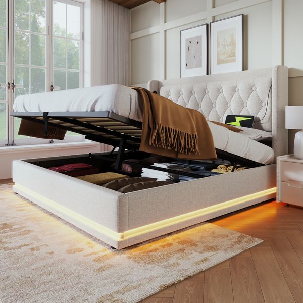 Polsterbett 180×200 cm aus Baumwoll-Stoff mit LED-Beleuchtung und USB-Typ-C-Anschluss, beige