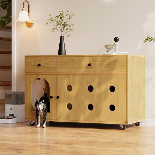 Katzenkloschrank mit Sandauffangplatte & Schubladen, naturfarben, 100x45x66 cm