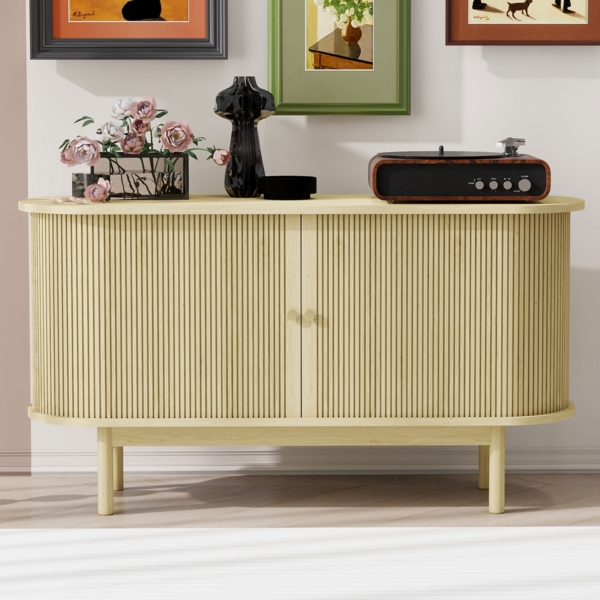 Merax Holz Sideboard, Lamellen Schrank Sideboard mit Schiebetüren und Kiefernholzbeinen, 138cm Schrank mit verstellbaren Einlegeböden fur Esszimmer, Küche, Flur, Naturholz