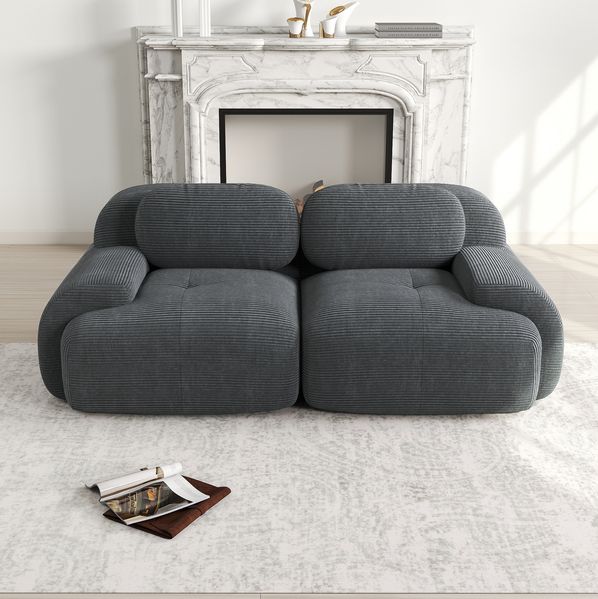 Modulares Ecksofa 75cm×208cm×103cm aus Cordstoff in Grau – rahmenlos, mit geschwungenen Armlehnen und rutschfester Unterseite