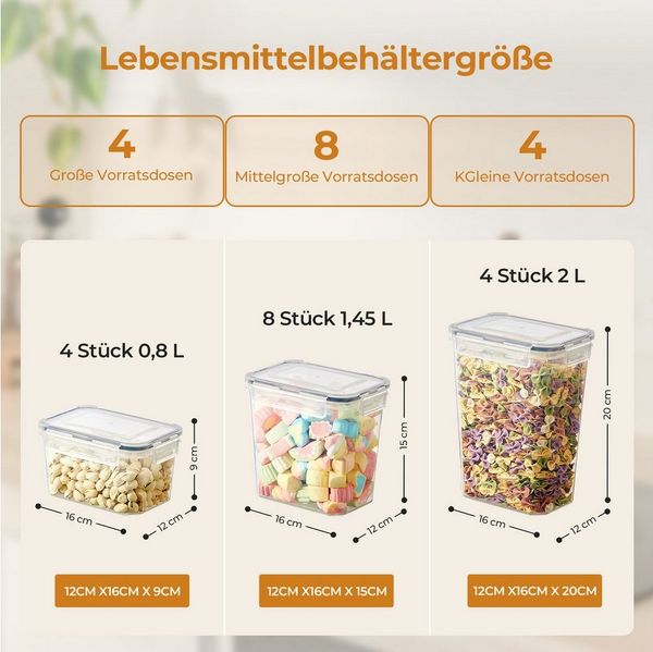 FOHERE Vorratsdose Vorratsdosen mit Deckel Luftdicht Set of 16 (2L, 1.45L, 0.8L), Kunststoff, (16-tlg), mit 16 wiederverwendbare Etiketten, aus BPA-freiem Kunststoff